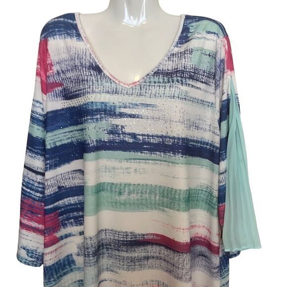 CJ Banks Tunic 2X multi color keyhole back V-neck pleat sleeve inserts bling - Picture 3 of 8